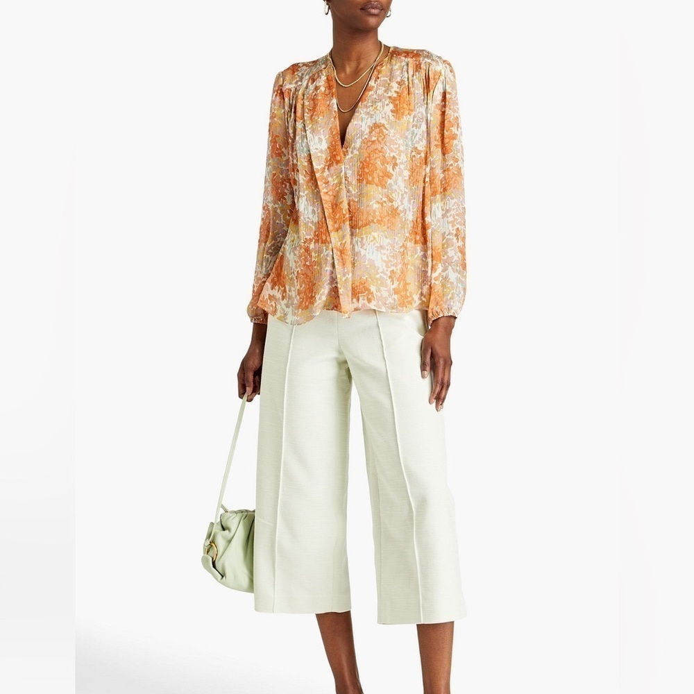VINCE Silk Floral Print Long Sleeve Blouse Orange Fantasy Small - Picture 2 of 15